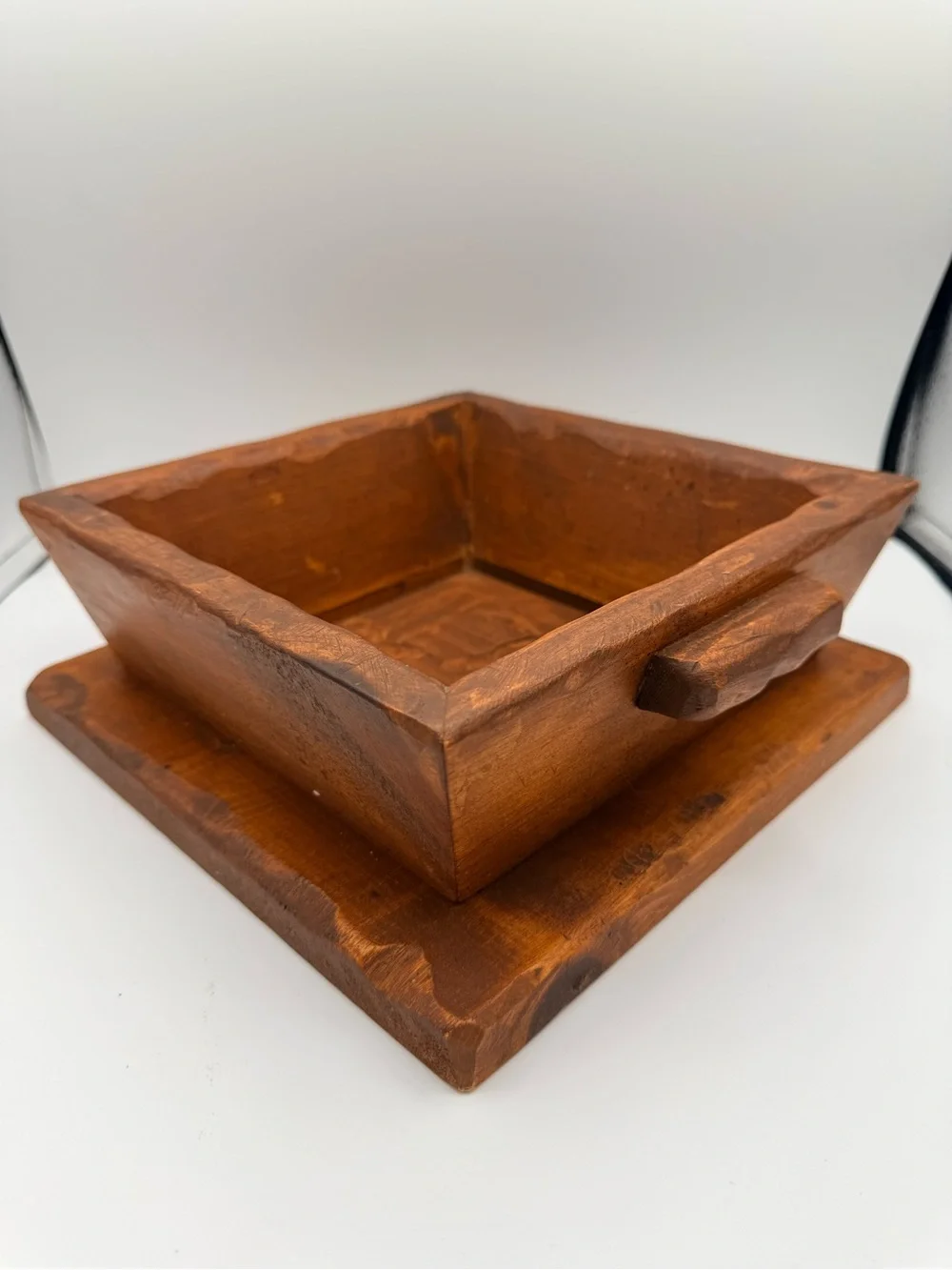 Vintage Hand Carved Wooden Square Pedestal Bowl Heavy Primitive Riser Tray